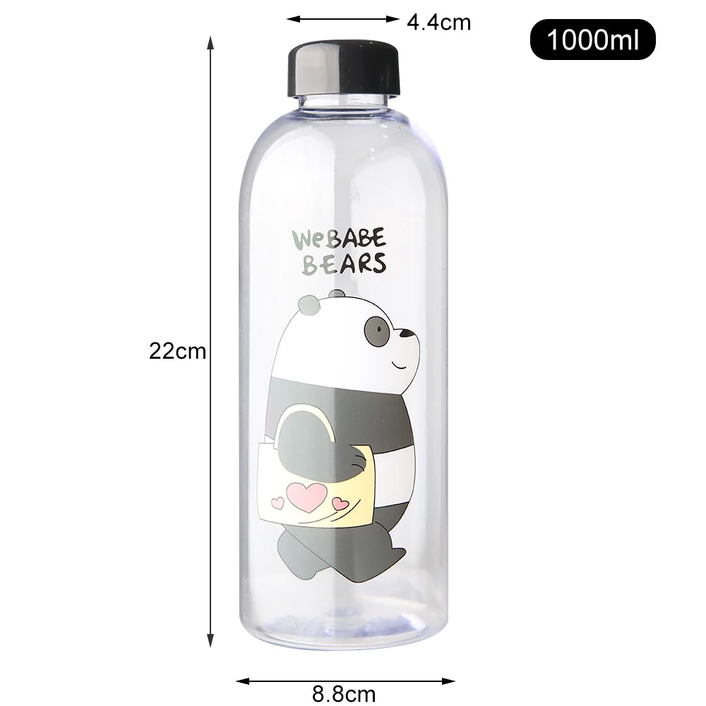 Clear water bottle with panda design and measurements on a white background