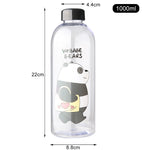 Clear water bottle with panda design and measurements on a white background