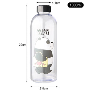 Clear water bottle with panda design and measurements on a white background