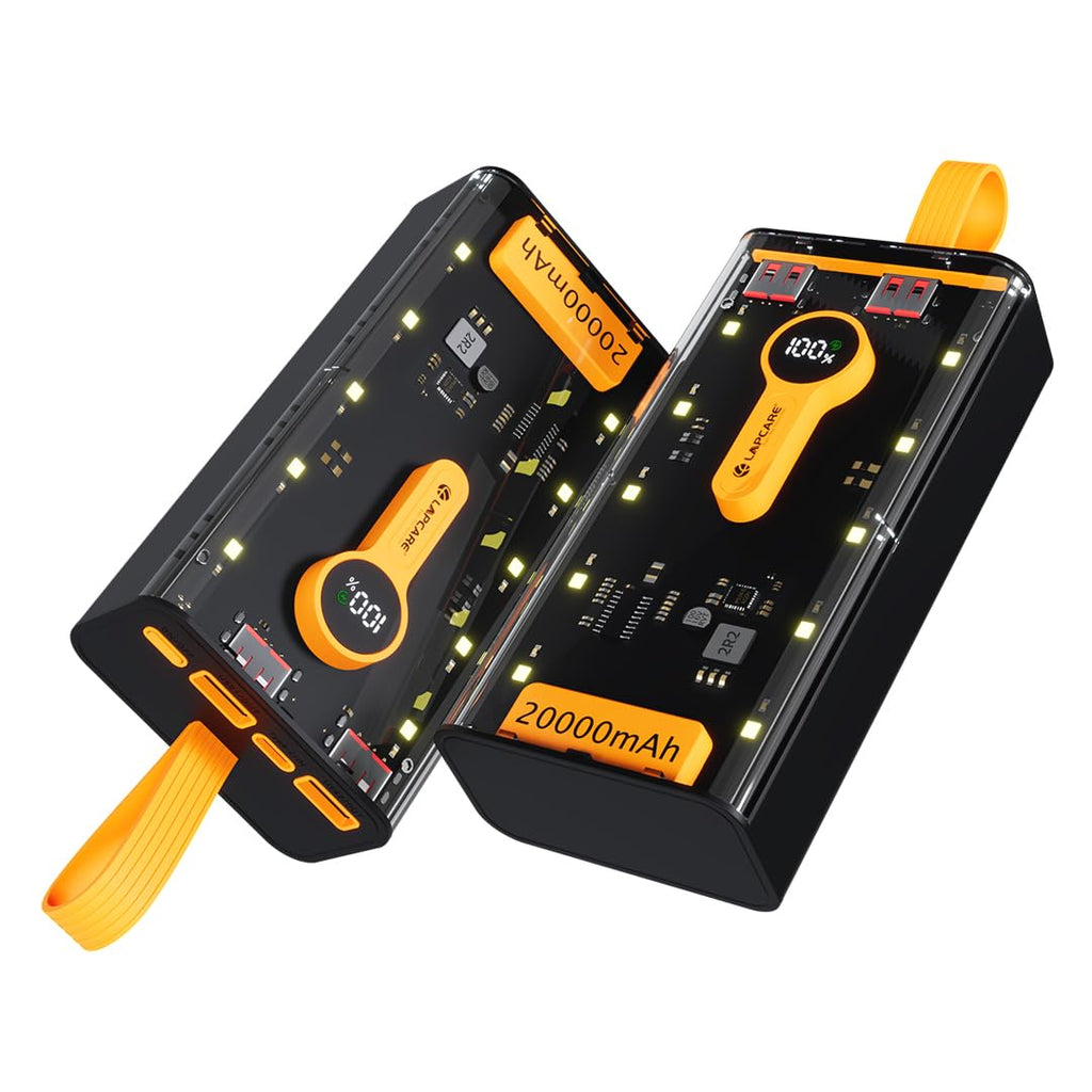 Two black and orange portable power stations with 20000mAh capacity on a white background.