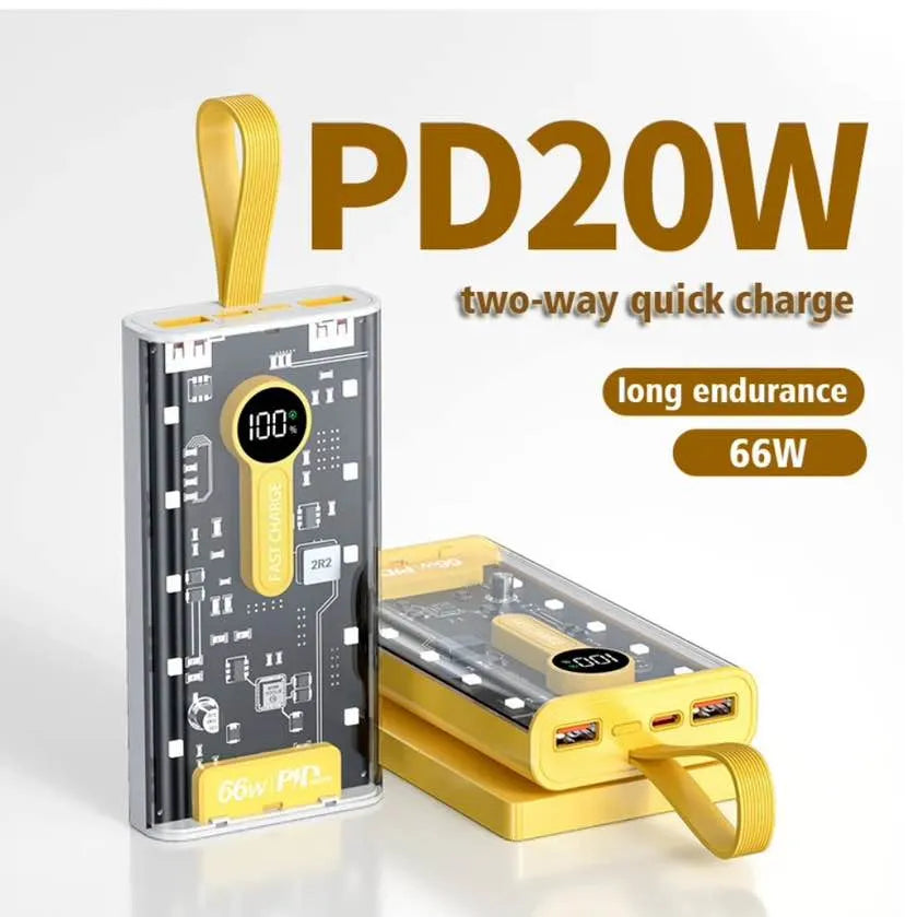 Yellow power bank with 'PD20W' and 'two-way quick charge' text on a white background