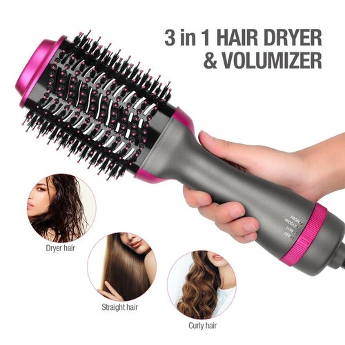 3-in-1 hair dryer and volumizer with a hand holding it, showing different hair styling options.