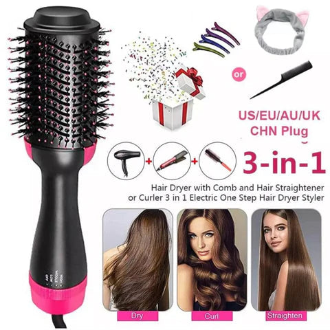 3-in-1 hair dryer with comb and hair straightener/curler, featuring images of hair before and after use.