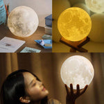 3D Moon Light Lamp | USB Rechargeable LED Night Light with Wooden Stand & Remote Control