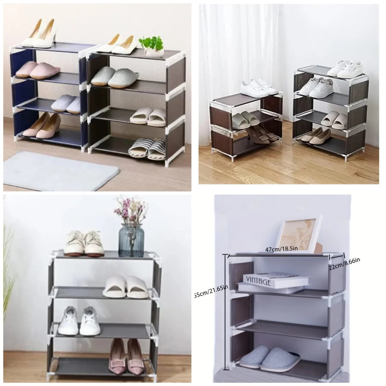 Collage of shoe shelves in different configurations with shoes and decor items.