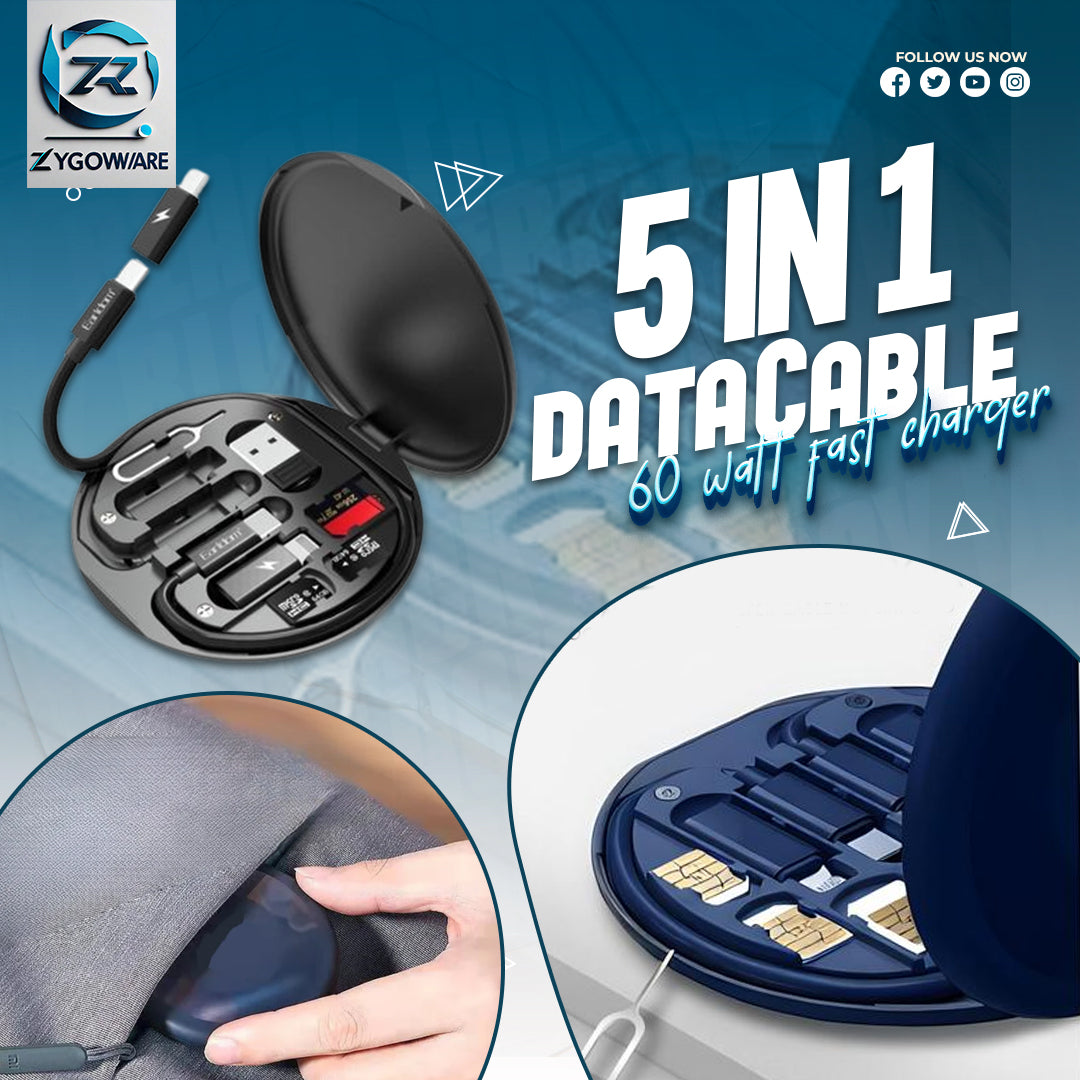 5-in-1 data cable with fast charger in a case, featuring Zygoware branding.