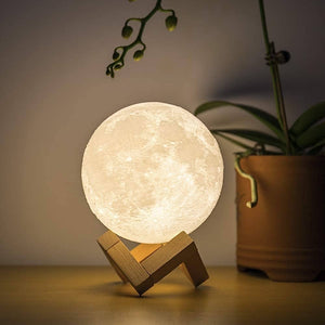 3D Moon Light Lamp | USB Rechargeable LED Night Light with Wooden Stand & Remote Control