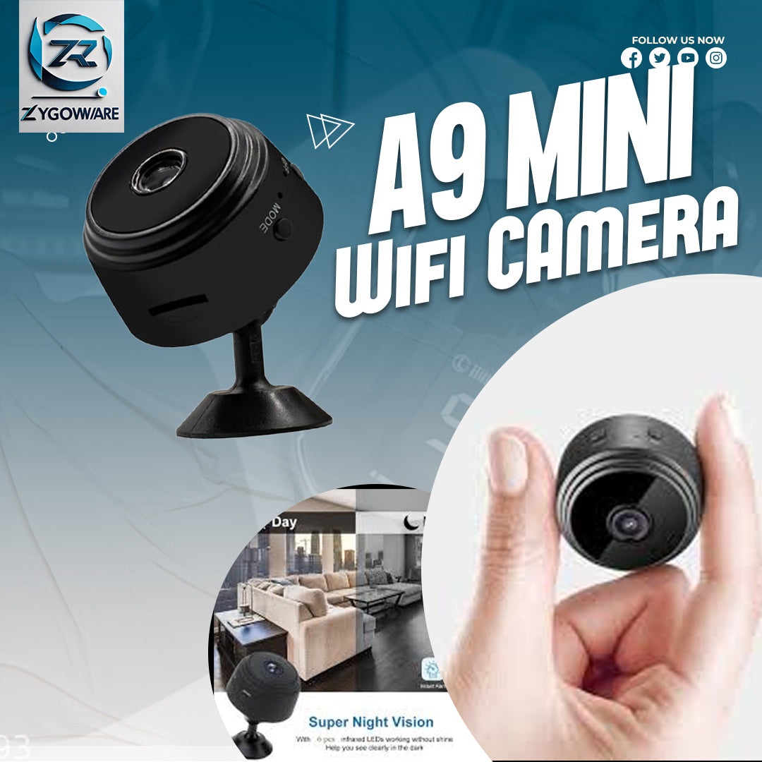 Zygoware A9 Mini WiFi Camera with features highlighted on a promotional graphic.