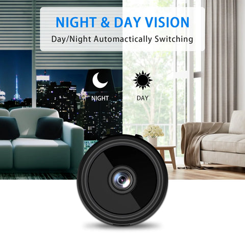 Camera with night and day vision feature displayed in a living room setting.