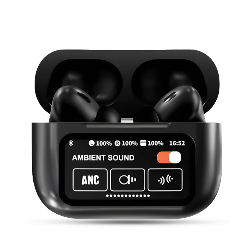 Black wireless earbuds in a charging case with display on a white background