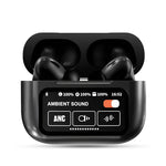 Black wireless earbuds in a charging case with display on a white background