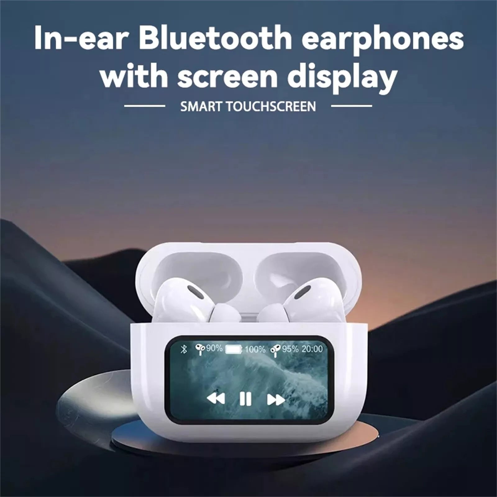 In-ear Bluetooth earphones with screen display and smart touchscreen on a blurred landscape background