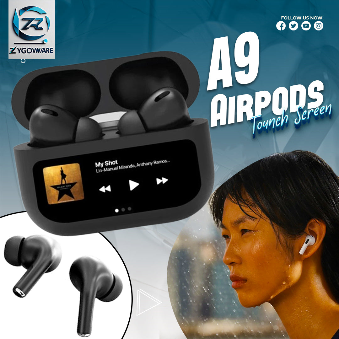 Zygoware A9 AirPods with touch screen display and charging case, shown with a person wearing one of the airpods.
