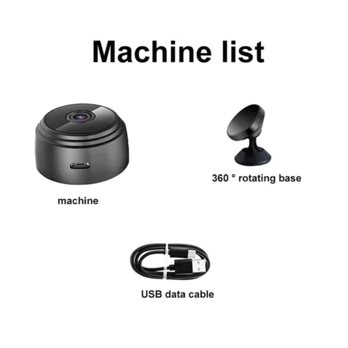 List of items including a machine, 360-degree rotating base, and USB data cable on a white background.