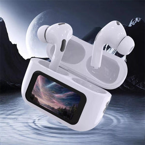 Wireless earbuds with charging case on a dark background