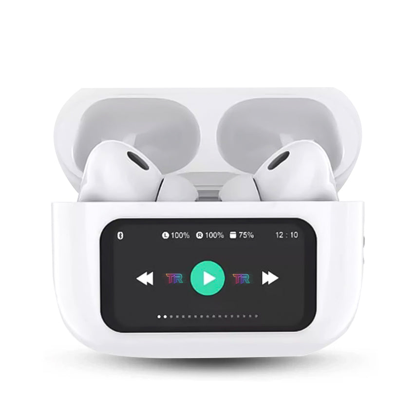 White wireless earbuds in a charging case with a display on a white background