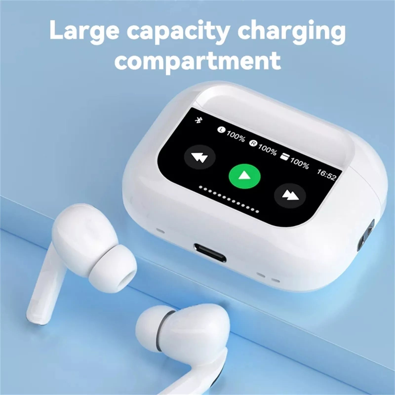 Wireless earbuds with charging case on a blue background