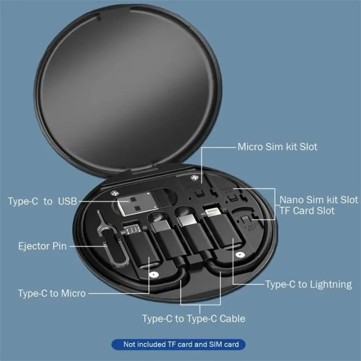 Black electronic accessories kit with labeled components on a blue background