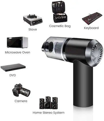 Black handheld device with various labeled items on a white background