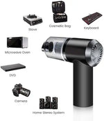 Black handheld device with various labeled items on a white background