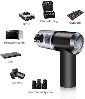 Black handheld device with various labeled items on a white background