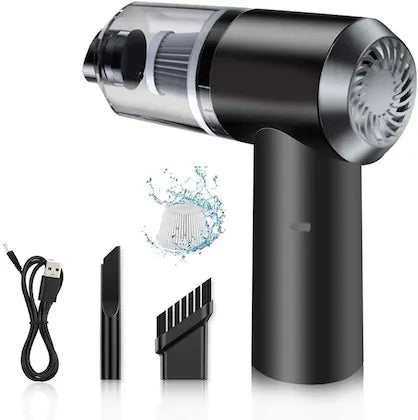 Black handheld vacuum cleaner with attachments and USB cable on a white background