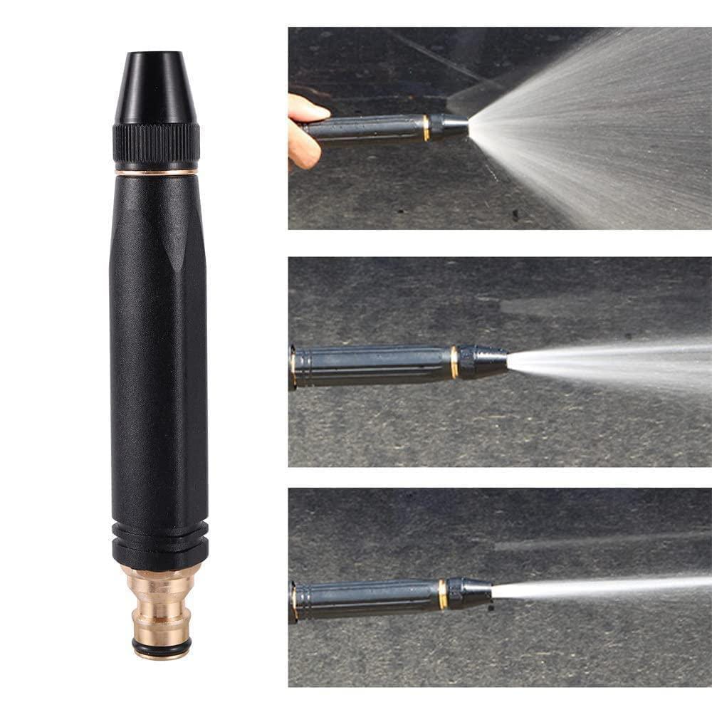 Black spray nozzle with water spraying onto a surface, shown from different angles.