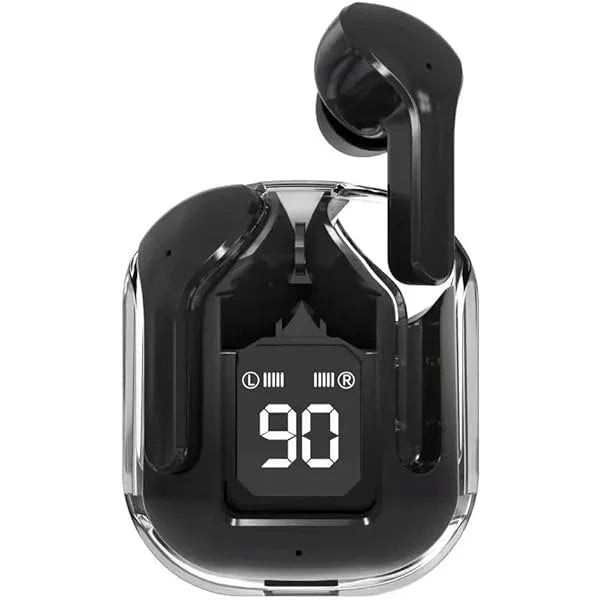 Black wireless earbuds with a charging case displaying the number 90 on a white background