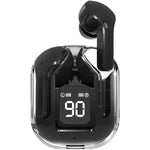 Black wireless earbuds with a charging case displaying the number 90 on a white background