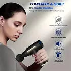 Woman using a handheld massager with product features highlighted