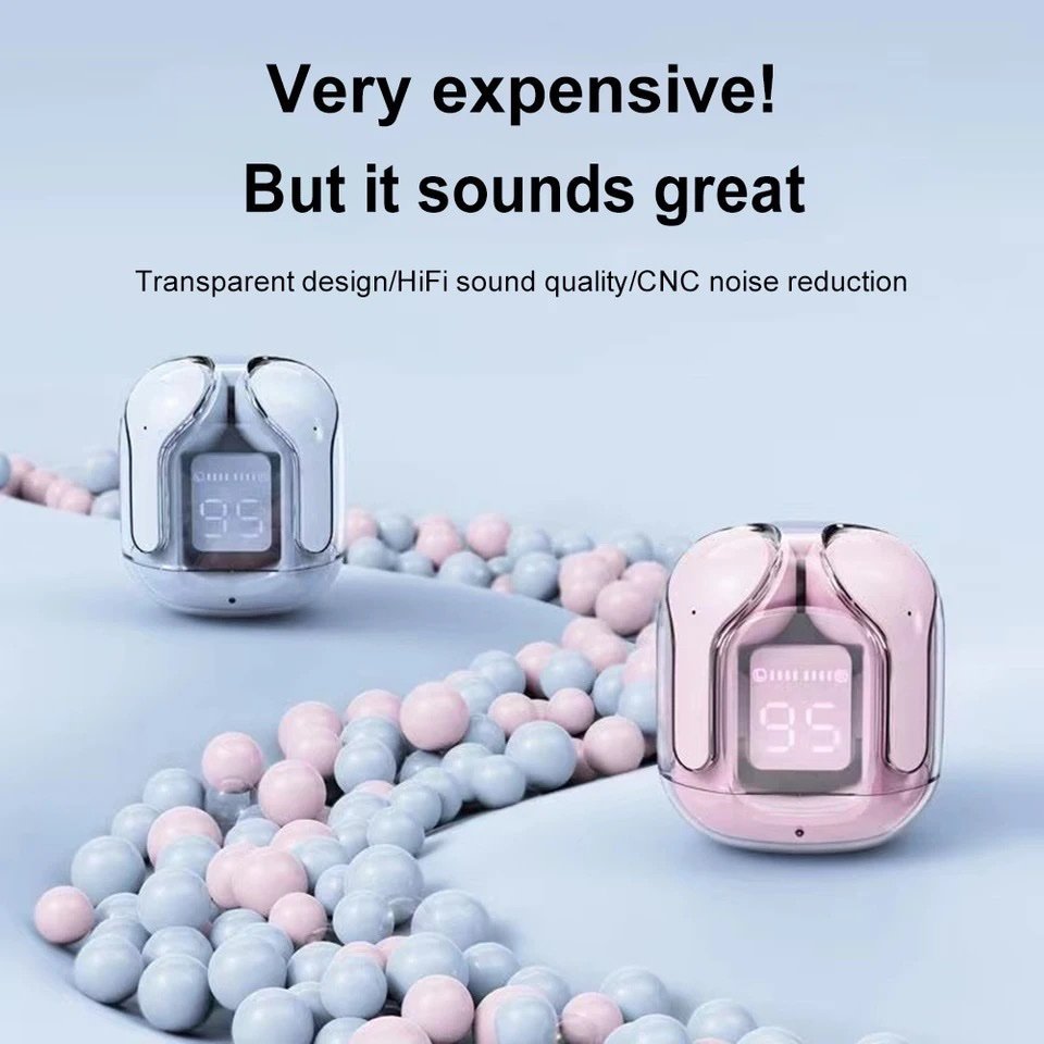 Two wireless earbuds with a transparent design and pink casing on a light blue background.
