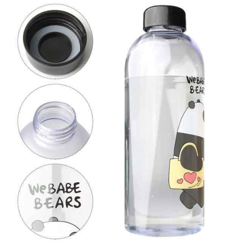 Clear water bottle with panda design and 'WE BABE BEARS' text, showing top and bottom parts.