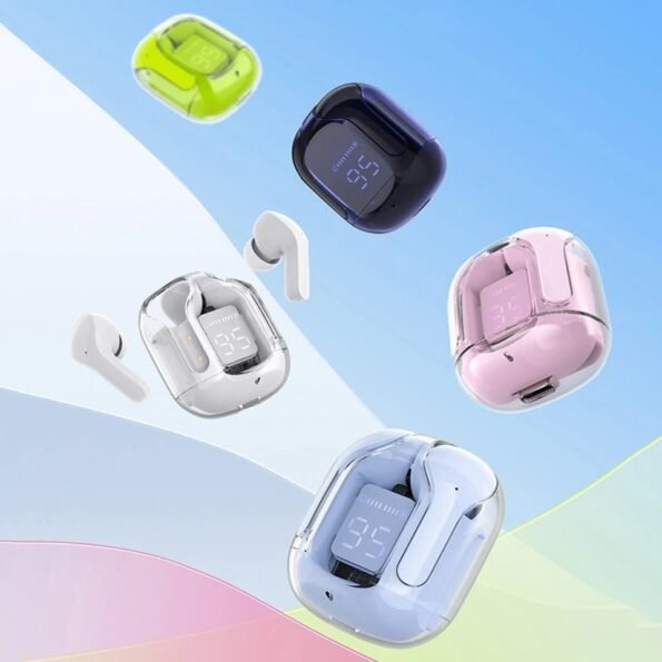 Colorful wireless earbuds with charging case on a gradient background