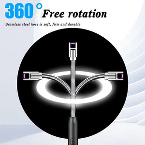 Flexible inspection camera with 360-degree free rotation on a black and white background