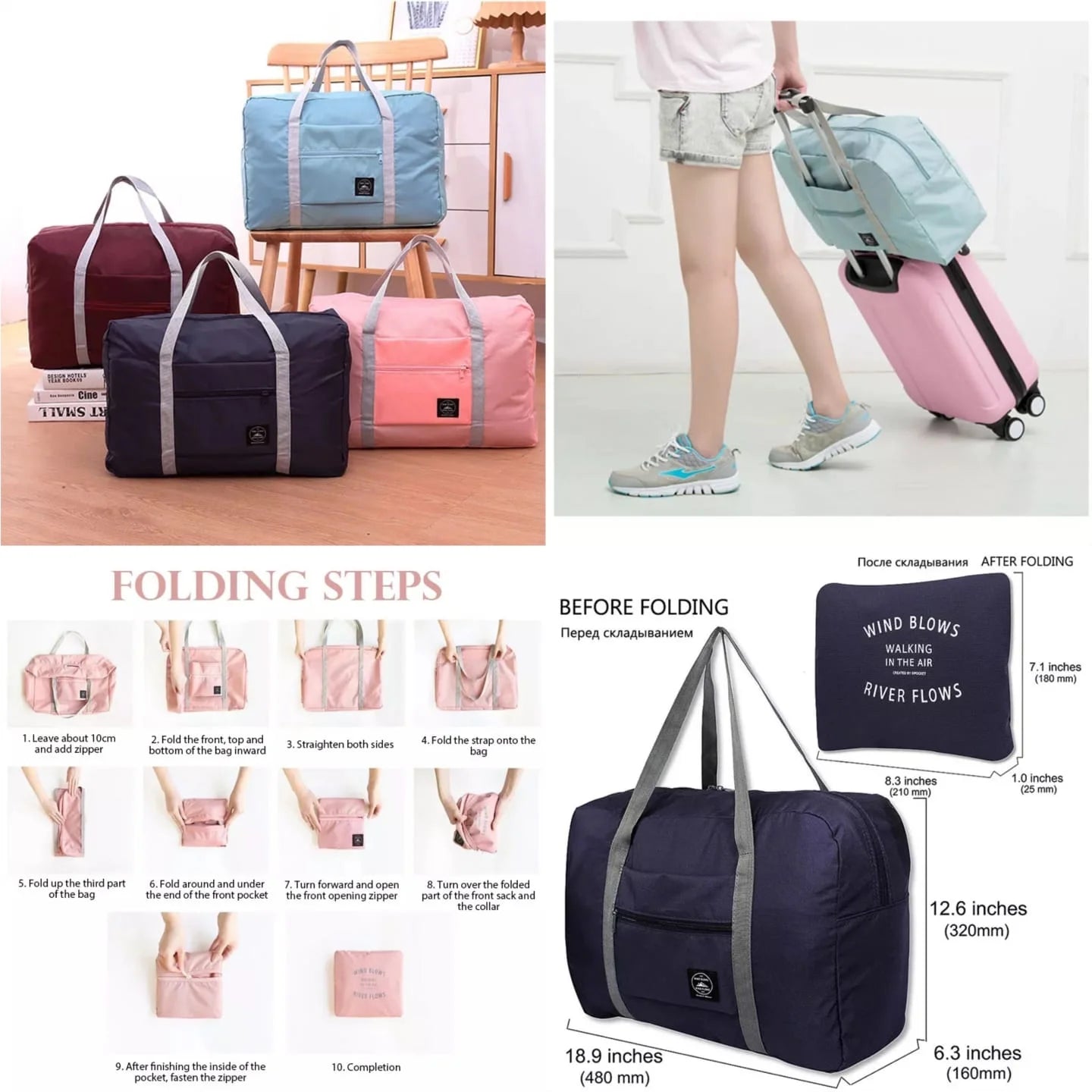 Collage of folding bags, a person using them, and folding steps diagram.
