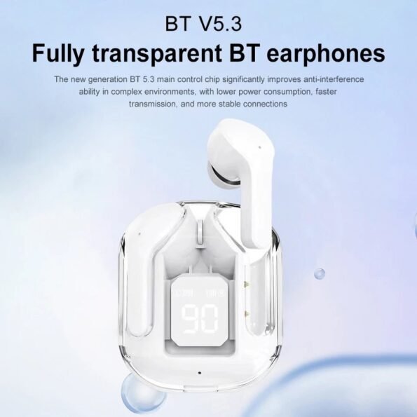 Fully transparent Bluetooth earphones with charging case on a light blue background