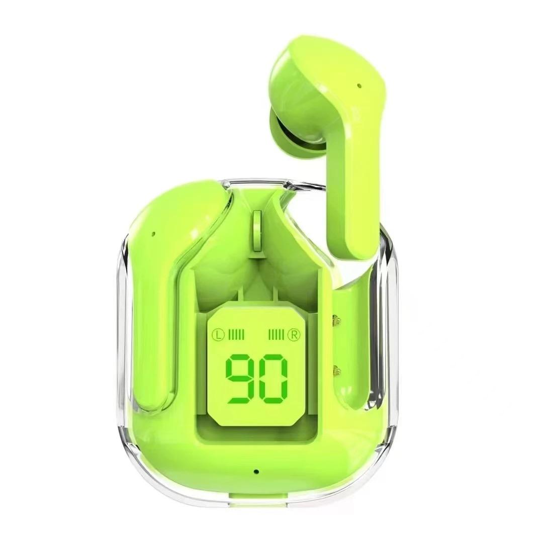 Green wireless earbuds with charging case on a white background