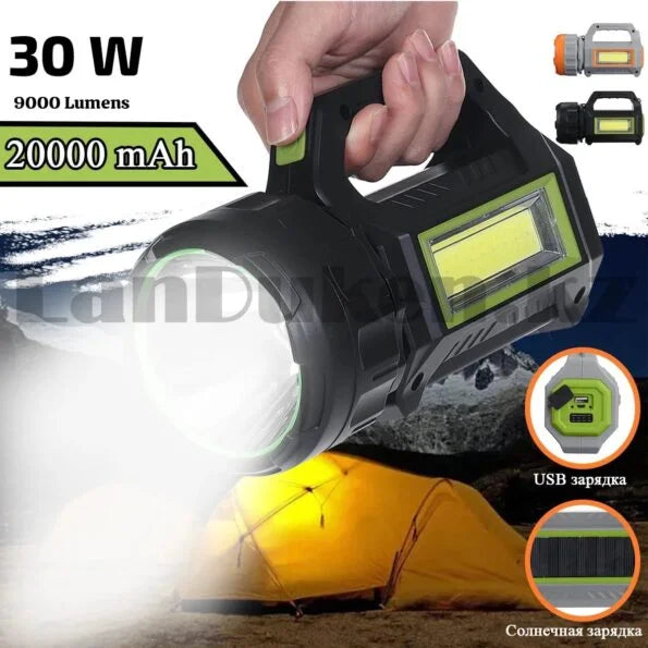 Handheld flashlight with 30W, 9000 lumens, and 20000mAh capacity, used for camping.