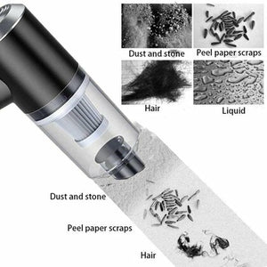 Handheld vacuum cleaner with collected debris including dust, stone, peel paper scraps, hair, and liquid on a white background.