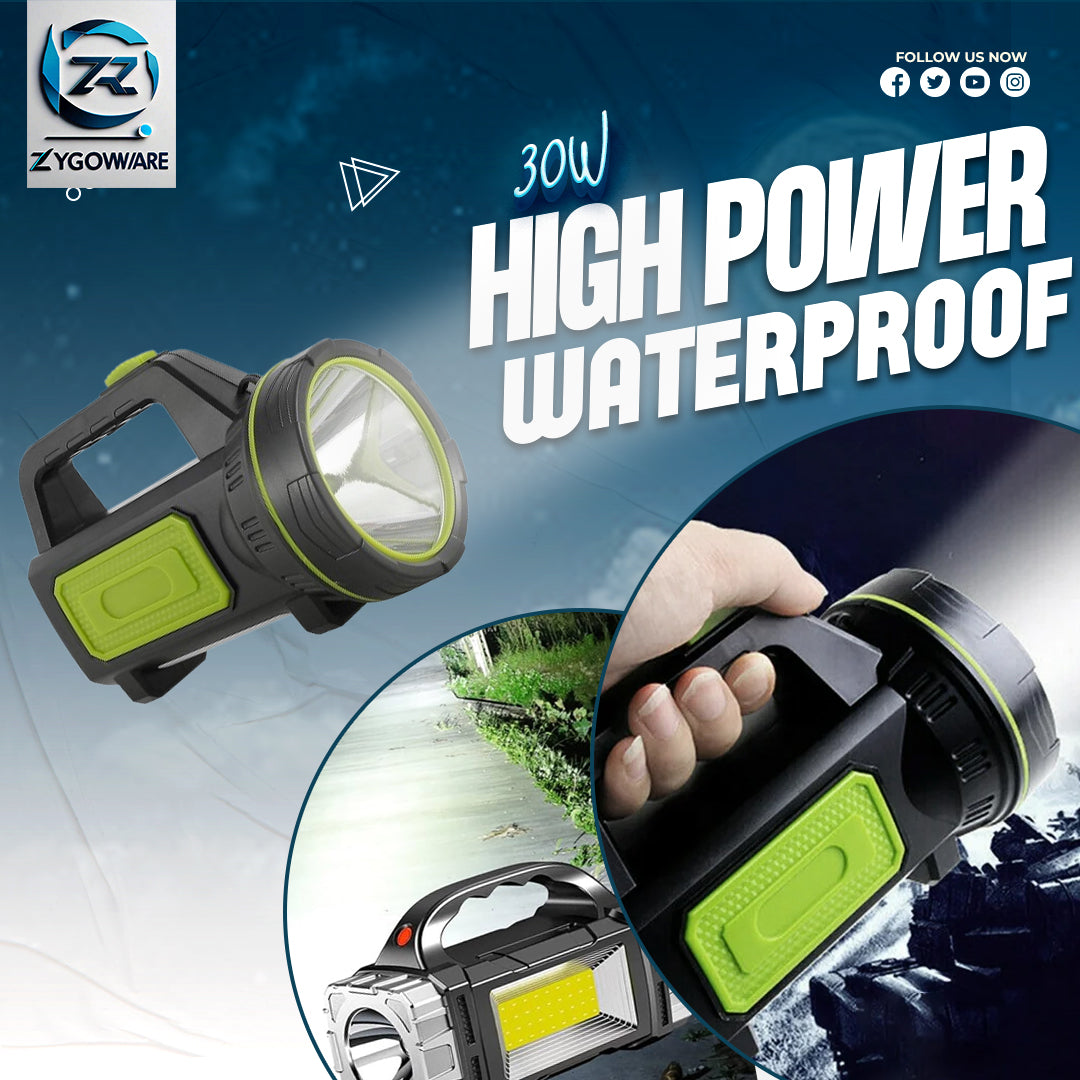 High power waterproof flashlight with Zygoware branding on a promotional graphic.
