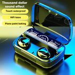 True wireless earbuds with charging case on a reflective surface, featuring text about sound effects and features.