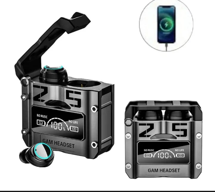 Black gaming headset with charging case and digital display on a white background