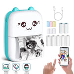 Small portable printer with cartoon face, ink cartridges, and smartphone displaying prints on a white background