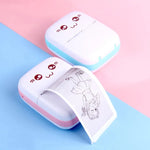 Two small printers with cartoon faces on a pink and blue background