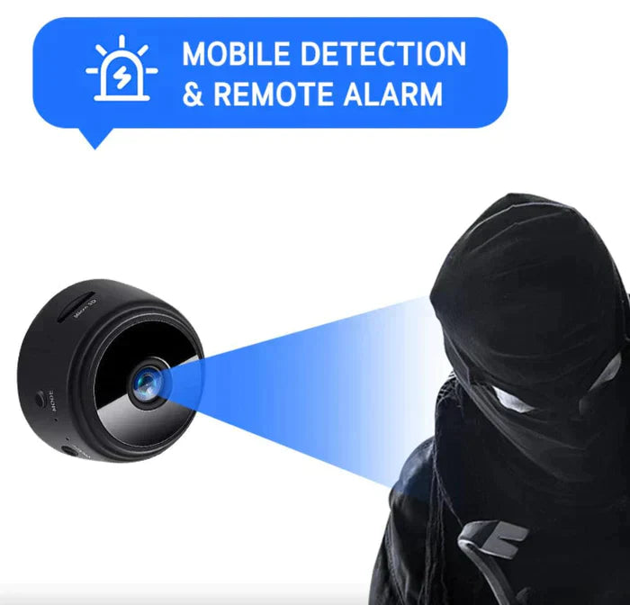 Small black device with blue light projecting towards a person wearing a hood, labeled 'Mobile Detection & Remote Alarm'.
