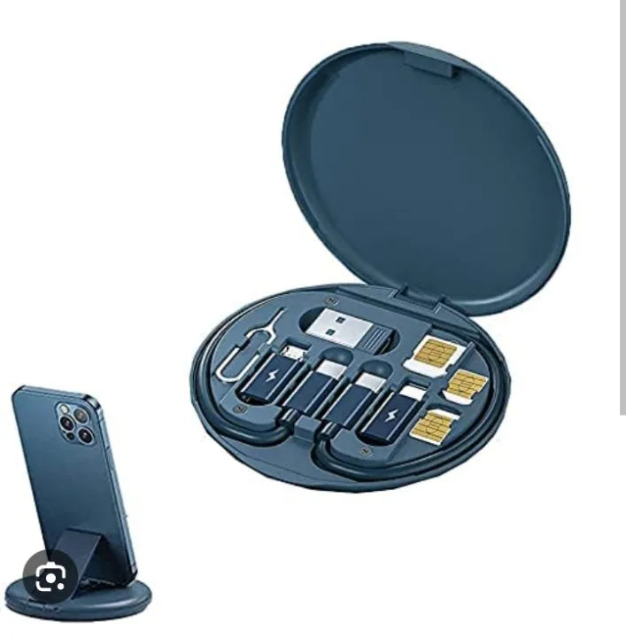 Blue electronic accessories case with phone stand on a white background