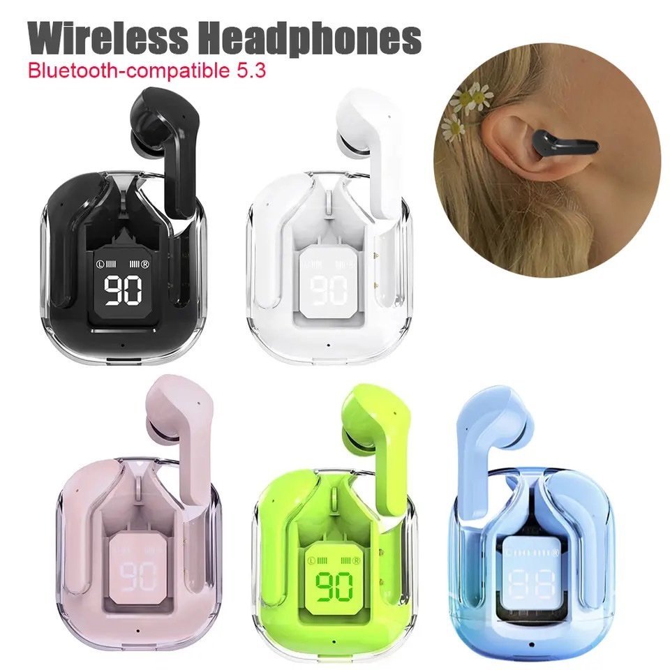 Wireless headphones with charging case and earbud close-up on a white background