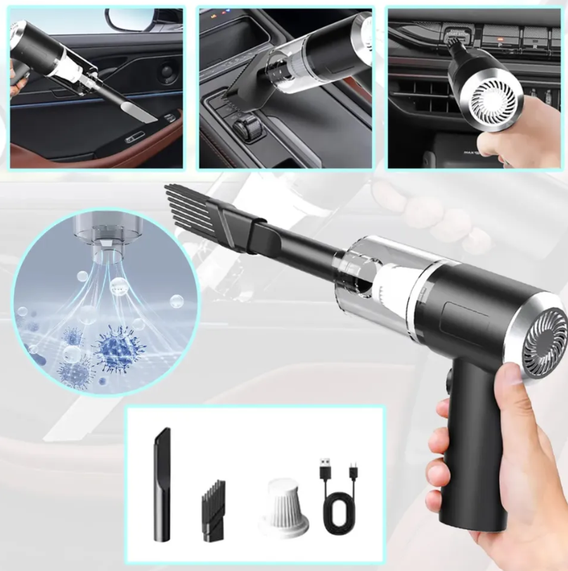 Multifunctional handheld vacuum cleaner with attachments and usage examples on a light gray background.