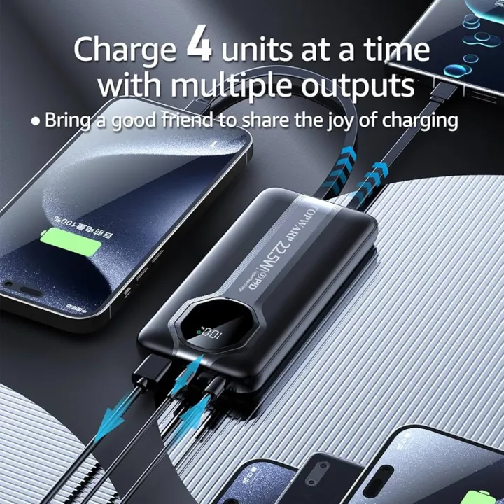 Multiple devices being charged simultaneously with a charging hub, emphasizing multiple outputs.