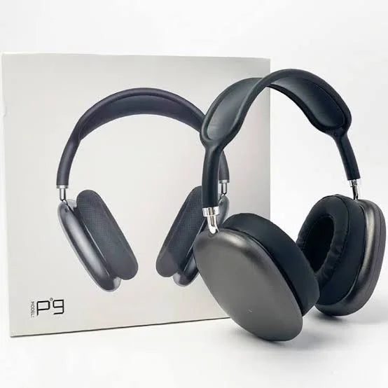 Black headphones with 'P9' branding on a white background